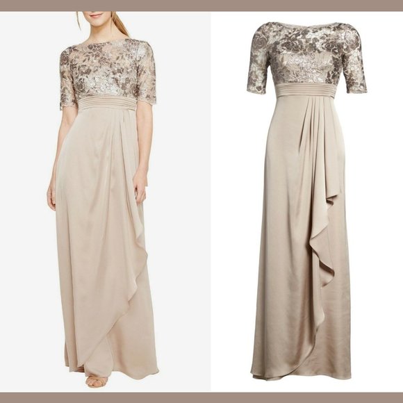 NEW Adrianna Papell Floral Sequin Embroidered‎ Gown in Light Mink [SZ 4 ] - Picture 5 of 13